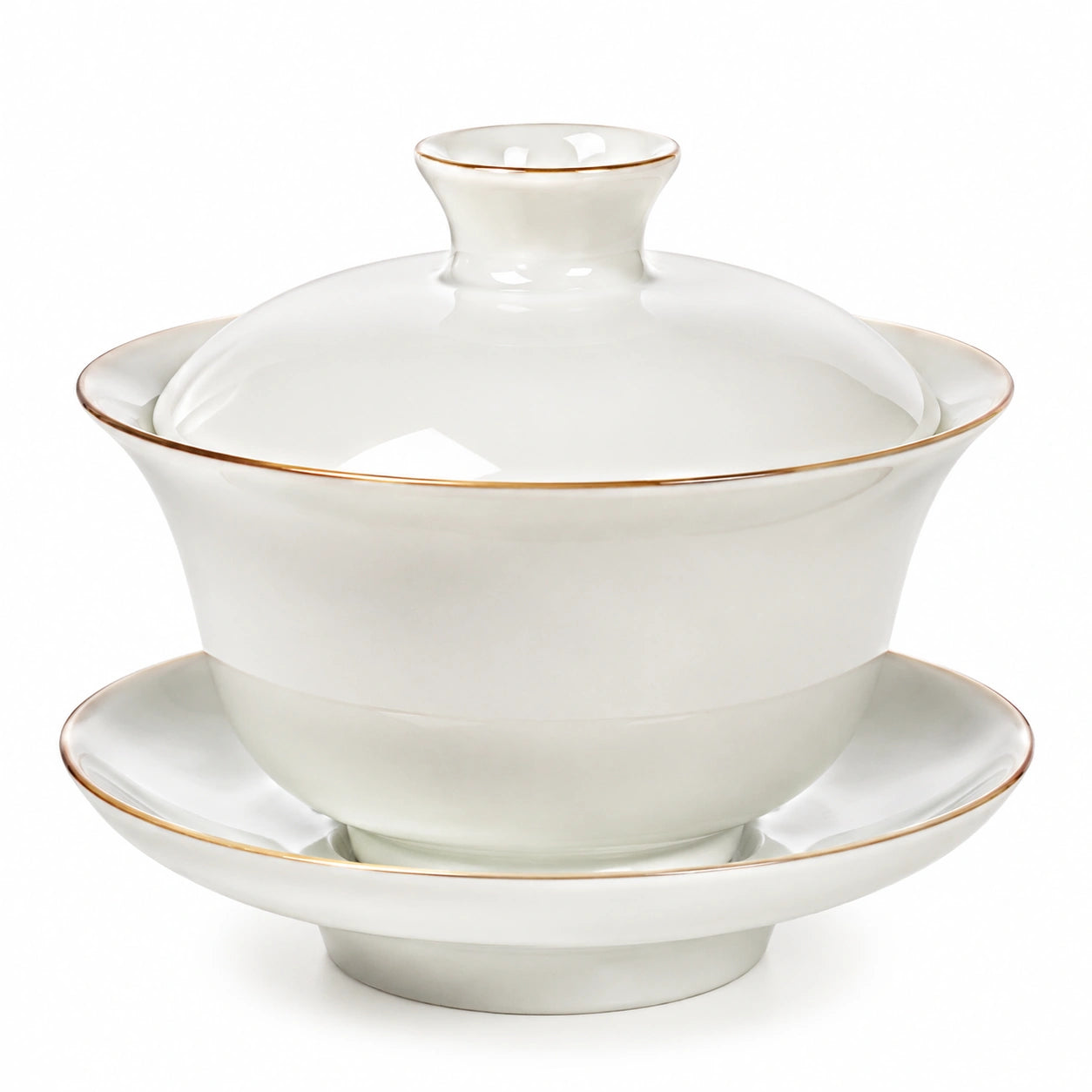 Porzellan Gaiwan Teetasse 150 ml Weiß mit Goldrand Deckel und Untertasse