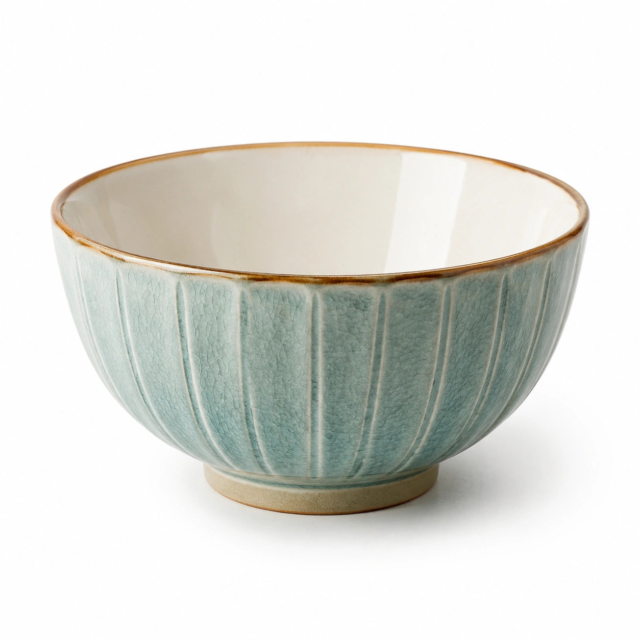 Keramikschüssel 15 cm Grün Creme glasiert mit Rillenmuster