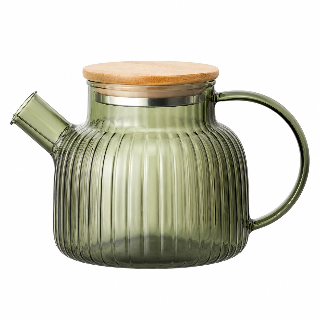 Teekanne 1000 ml aus grünem Glas mit Edelstahlfilter und Bambusdeckel geriffelt