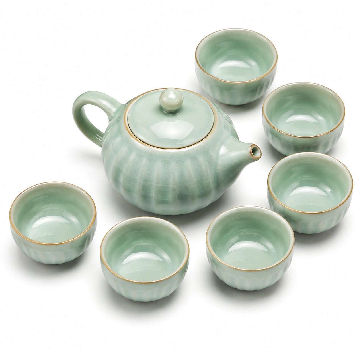 Teeservice 7-teilig 700 ml Keramik Mintgrün mit Goldrand für Tee